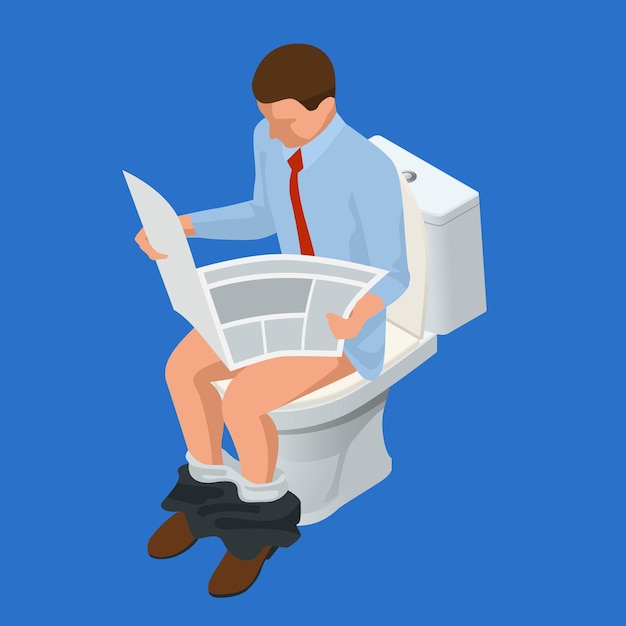 Hombre isométrico leyendo un periódico sentado en un inodoro aislado sobre fondo azul. ilustración vectorial
