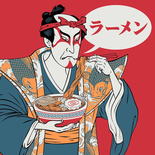 Vector hombre japonés comiendo fideos ramen póster texto en japonés significa ramen