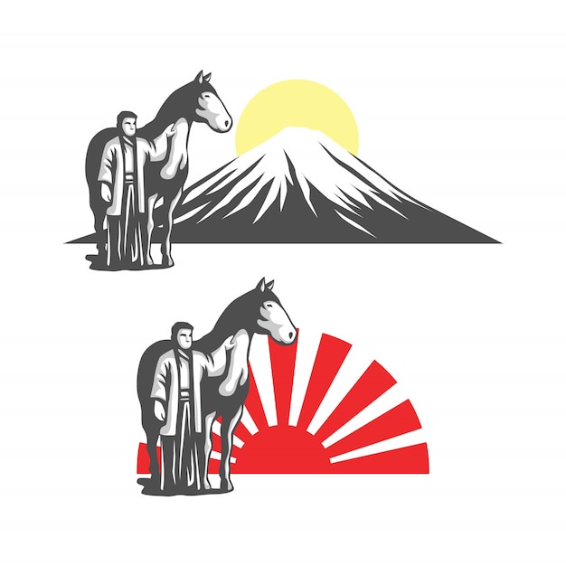 Hombre japonés con ilustración de vector de logotipo de caballo