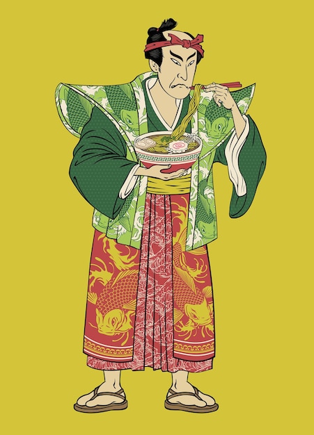 Hombre japonés con kimono comiendo fideos ramen en la ilustración de estilo Edo