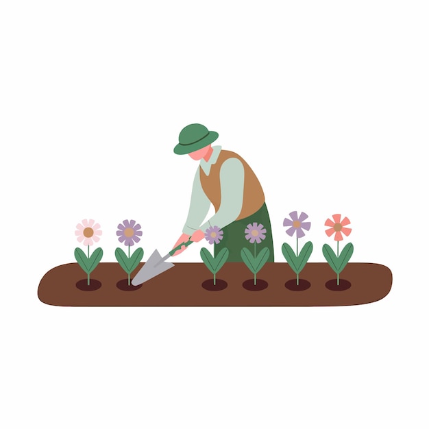 un hombre en un jardín con una planta y un sombrero