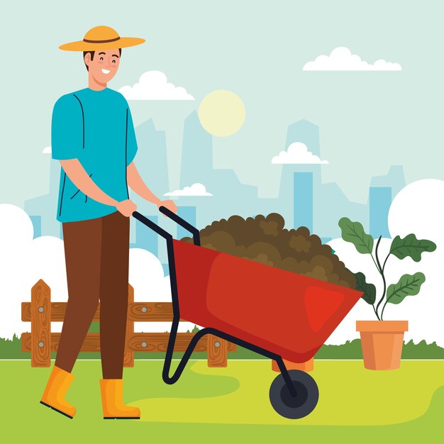 Hombre de jardinería con diseño de carretilla y plantas, plantación de jardines y tema de la naturaleza