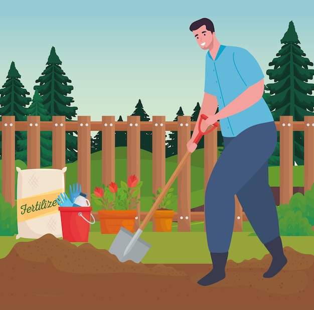 Vector hombre de jardinería con diseño de pala, plantación de jardines y naturaleza