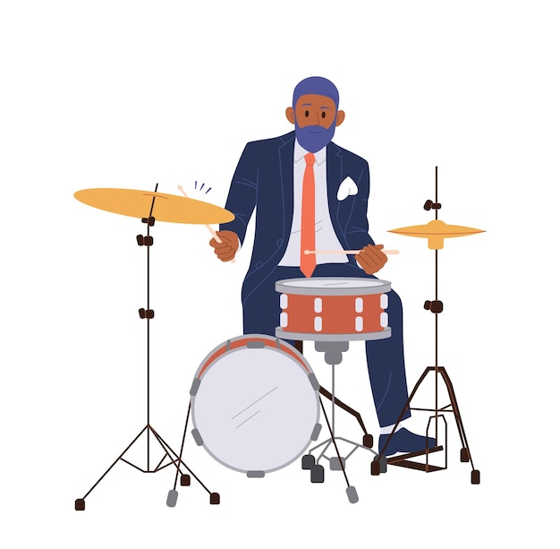 Vector hombre de jazz personaje de dibujos animados tocando un kit de batería instrumento de percusión aislado sobre un fondo blanco