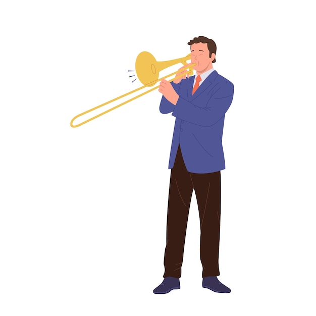 Hombre de jazz personaje de dibujos animados tocando la trompeta disfrutando de una actuación en solitario o con orquesta aislado en blanco