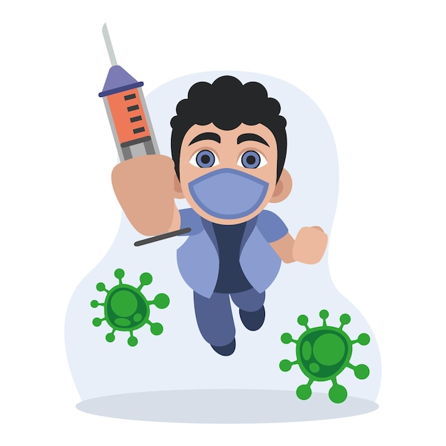 Hombre con una jeringa listo para proteger al paciente Los proveedores de atención médica combaten el virus con vacunas