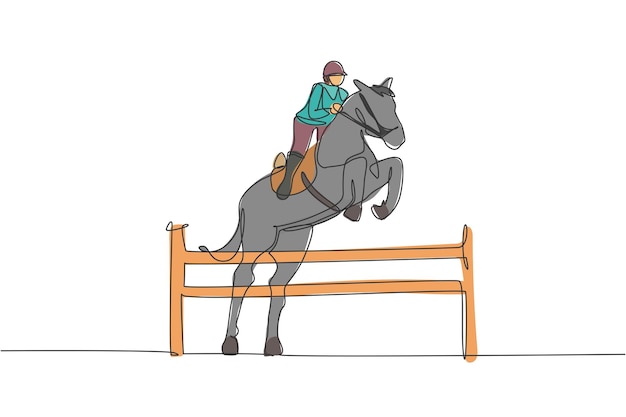 Un hombre de jinete de dibujo de una sola línea realizando doma saltando el arte de vector de prueba de obstáculo