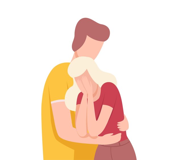 Hombre joven abrazando a una chica llorando gente tratando de salvar el amor y la amistad ilustración vectorial plana