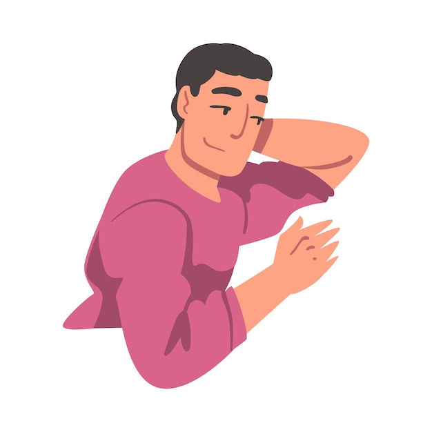 Hombre joven acostado con la mano debajo de la cabeza Persona masculina alegre acostada en un fondo blanco aislado Ilustración vectorial