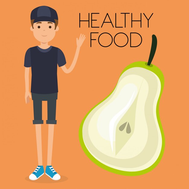 hombre joven con alimentos saludables pera