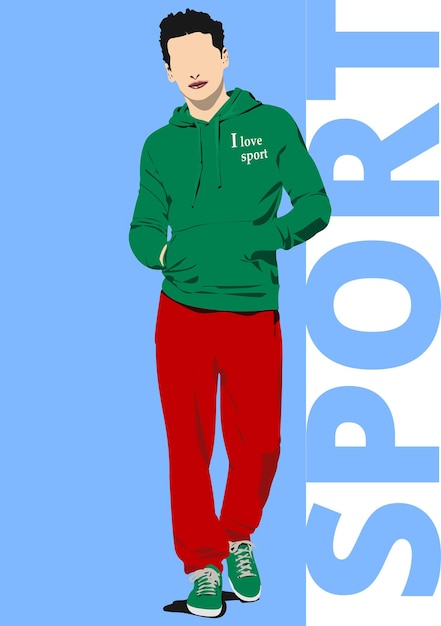 Hombre joven atleta en redgreen en deportes suitVector ilustración 3d