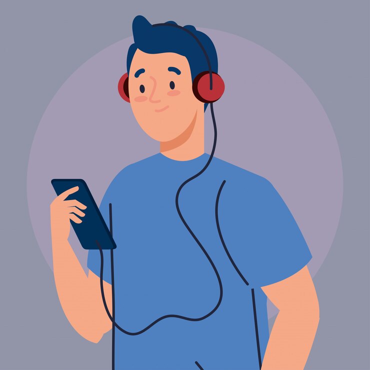 Vector hombre joven con auriculares y diseño de ilustración de teléfono inteligente