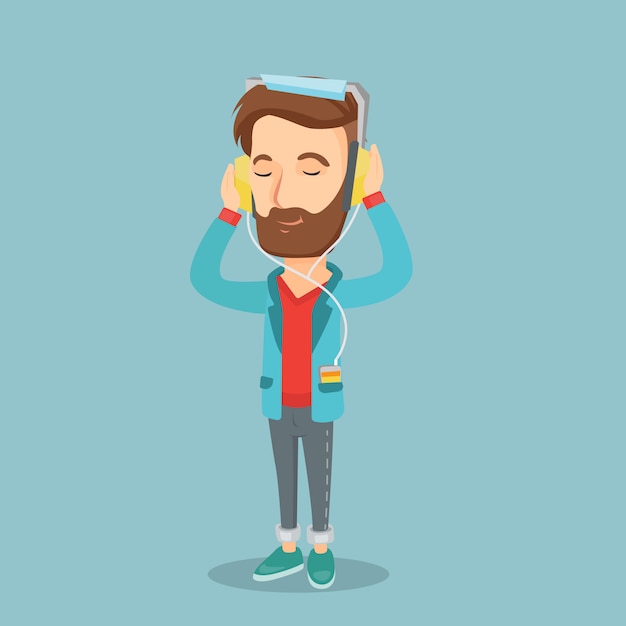 Vector hombre joven en auriculares escuchando música.