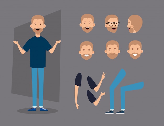 Hombre joven con barba y personajes de partes del cuerpo