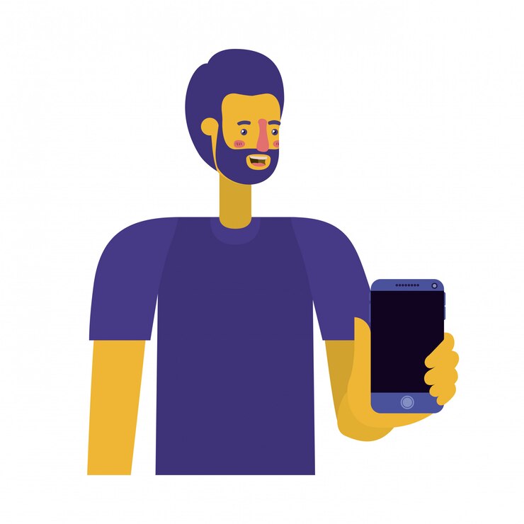Vector hombre joven con barba y teléfono inteligente.