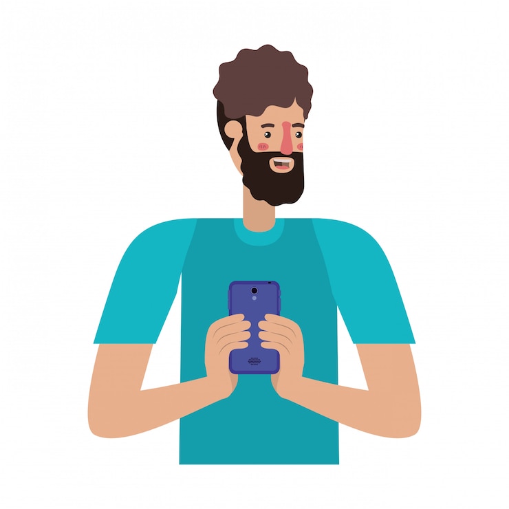 Vector hombre joven con barba y teléfono inteligente.