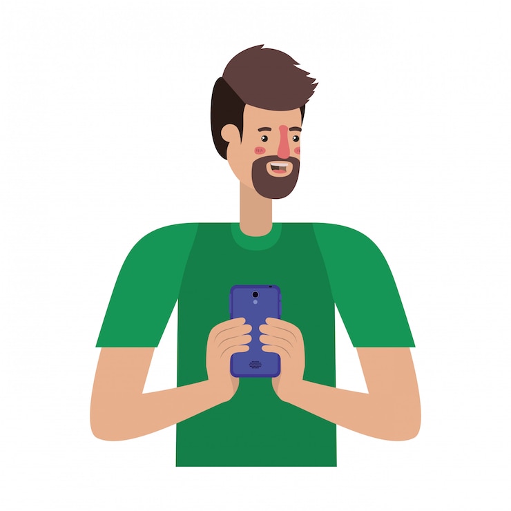Vector hombre joven con barba y teléfono inteligente.
