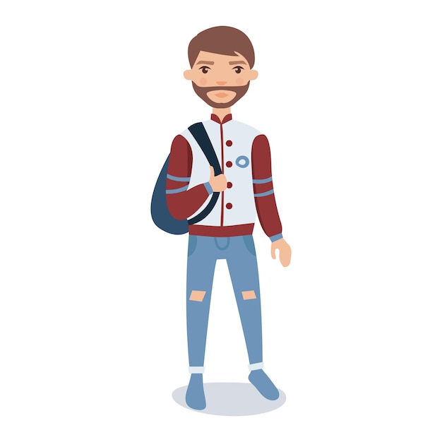 Hombre joven barbudo con chaqueta de béisbol de pie con vector de personaje de dibujos animados de mochila ilustración aislada sobre fondo blanco