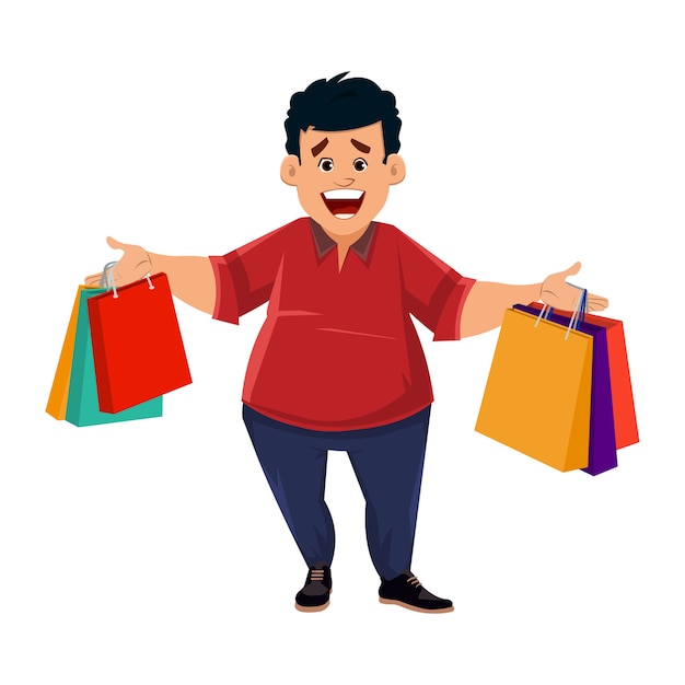 Hombre joven con bolsa de compras. ilustración de concepto de compras de viernes negro joven