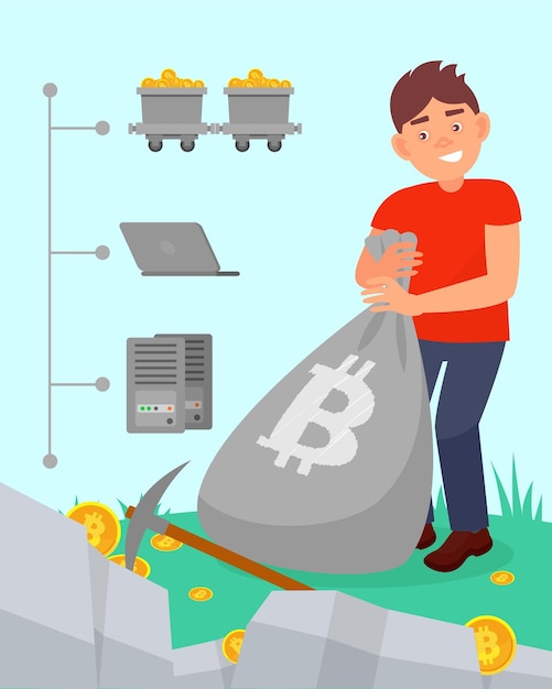 Hombre joven con bolsa llena bitcoins cryptocurrency minería tecnología vector ilustración en estilo plano