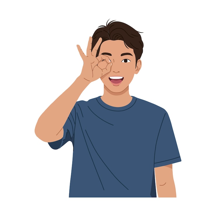 Vector hombre joven de cabello oscuro con camiseta azul haciendo un gesto de ok con la mano en una ilustración vectorial de diseño plano