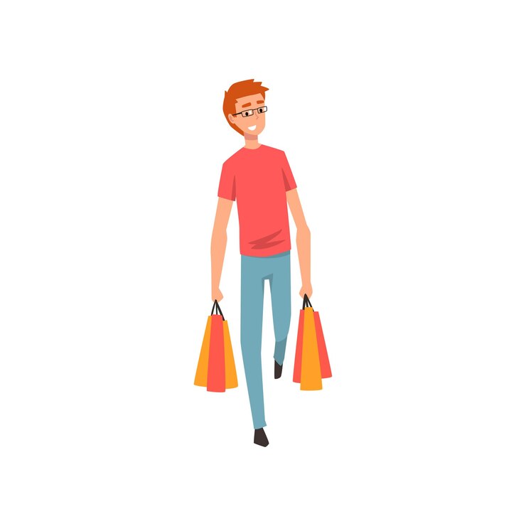 Vector hombre joven caminando con bolsas de compras chico disfrutando de compras vector ilustración aislada sobre fondo blanco