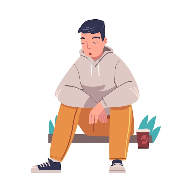 Hombre joven cansado sentado en un banco con taza de café y cabeza colgada Ilustración vectorial