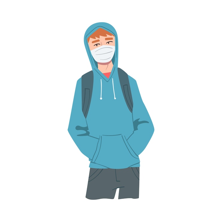 Vector hombre joven con capucha usando máscara de protección protección contra el brote de virus prevención de pandemias concepto ilustración vectorial de estilo dibujos animados