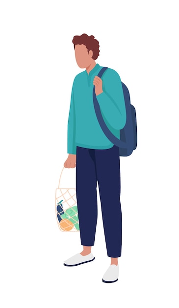 Hombre joven con carácter vectorial de color semi plano de bolsa de hilo reutilizable. Persona de cuerpo entero en blanco. Compras en la tienda de comestibles aislados ilustración moderna de estilo de dibujos animados para diseño gráfico y animación