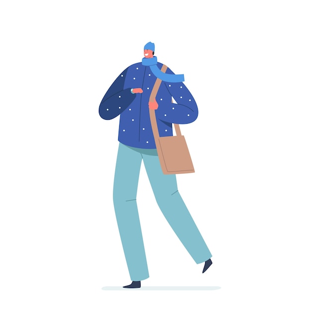 Hombre joven con chaqueta de invierno informal moderno, gorro de punto y bufanda aislado sobre fondo blanco. Personaje masculino habitante de la ciudad caminando por la calle con el bolso de mano en las manos. Ilustración de Vector de gente de dibujos animados