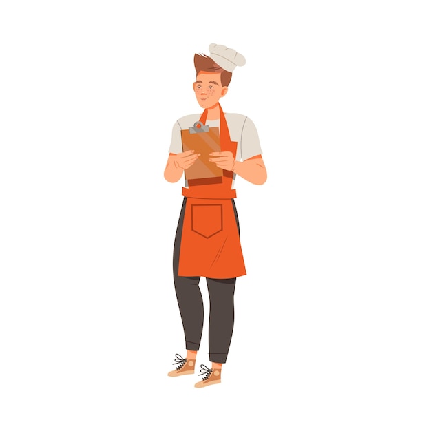 Hombre joven como súper chef en toque y delantal de pie con ilustración vectorial de lápiz labial