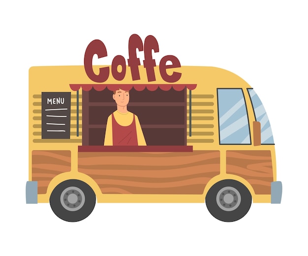 Hombre joven como vendedor callejero de comida de pie en el mostrador de camiones Ilustración vectorial