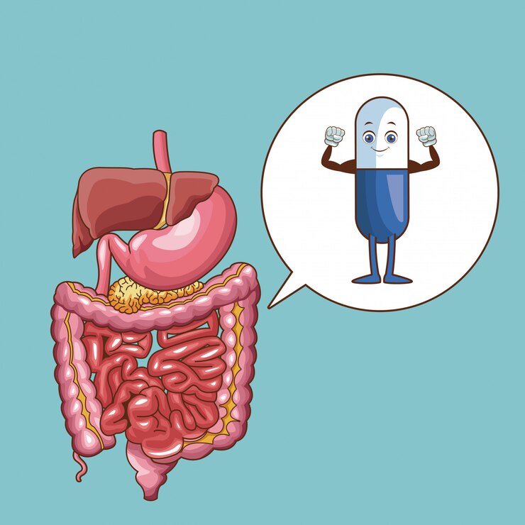 Vector hombre joven con dibujos animados de medicina de dolor de estómago
