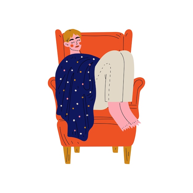 Hombre joven durmiendo en un sillón debajo de una manta Hombre pasando el fin de semana en casa y relajándose Ilustración vectorial en fondo blanco