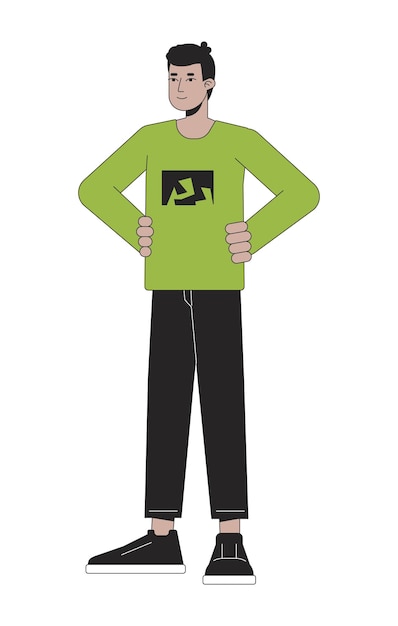Hombre joven enfocado línea plana color vector carácter contorno editable persona de cuerpo completo mantiene las manos en la cintura en blanco simple ilustración de dibujos animados para diseño gráfico web