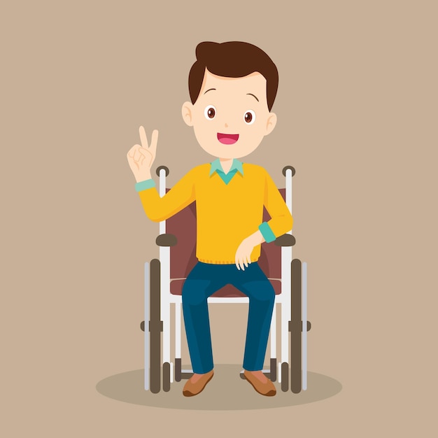 El hombre joven está sentado en una silla de ruedas, un paciente masculino en silla de ruedas