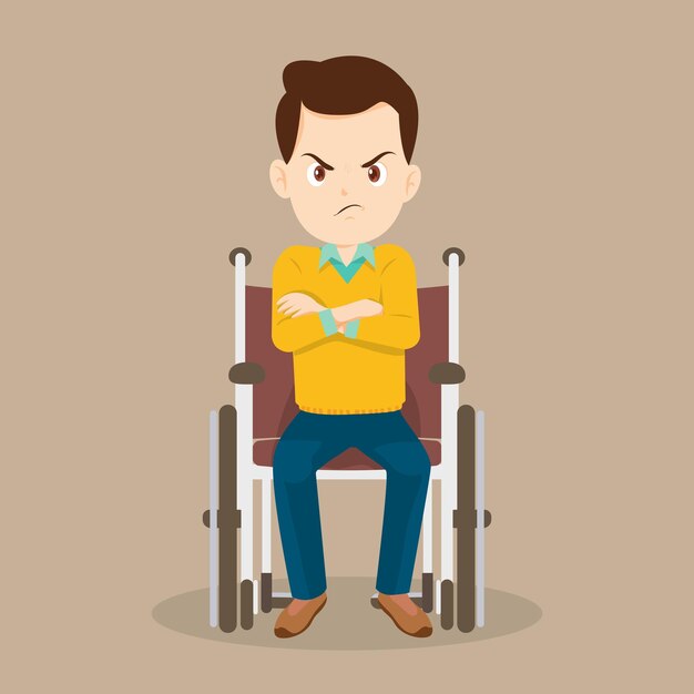 El hombre joven está sentado en una silla de ruedas, un paciente masculino en silla de ruedas