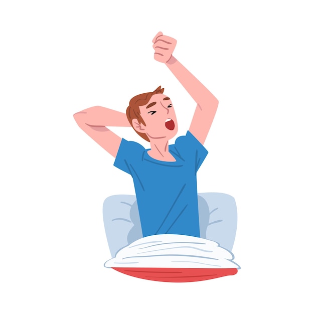 Hombre joven estirándose en su cama después de despertar a la gente actividad diaria de rutina vector de estilo de dibujos animados