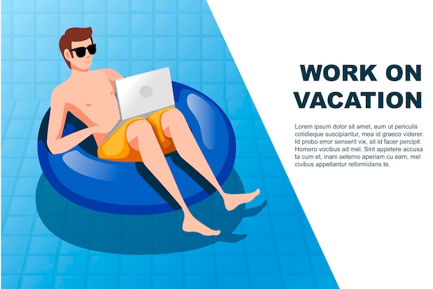 Hombre joven flotando en un círculo inflable azul con trabajo de ilustración de vector plano de piscina portátil en banner horizontal de vacaciones.