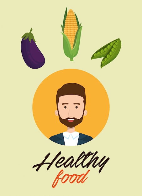 Vector hombre joven con frutas y verduras