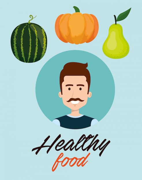 hombre joven con frutas y verduras