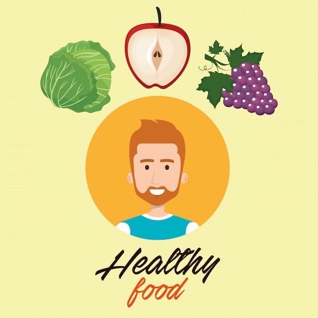 hombre joven con frutas y verduras