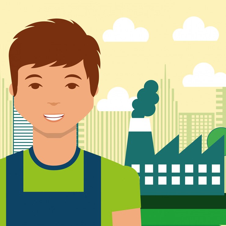 Vector hombre joven industria fábrica ciudad energía alternativa