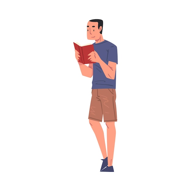 Hombre joven leyendo un libro mientras está de pie Estudiante masculino Personaje Estudiando o preparándose para un examen Amante del libro Literatura Fan Estilo de dibujos animados Ilustración vectorial