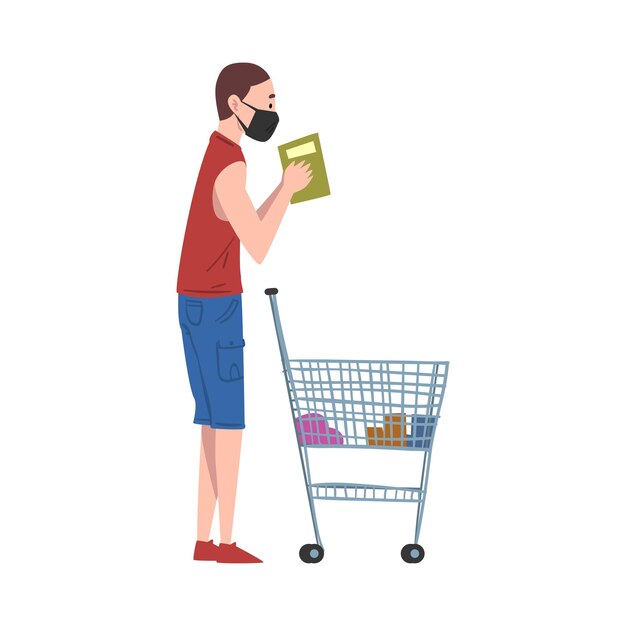 Hombre joven con máscara facial médica de pie con carrito de compras Hombre comprando comestibles en un centro comercial o supermercado Concepto de prevención de enfermedades Ilustración vectorial de estilo de dibujos animados en fondo blanco