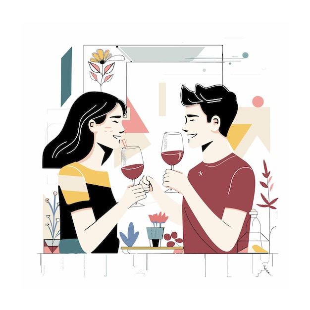 Hombre joven mujer alegremente sonando copas vino rojo de pie cocina moderna ambos sonriendo