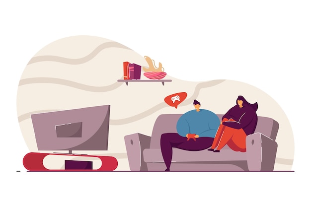 Hombre joven y mujer jugando videojuegos ilustración vectorial. Amigos o pareja pasando tiempo juntos. Actividad de ocio en interior. Pasar tiempo juntos concepto para sitio web o publicidad