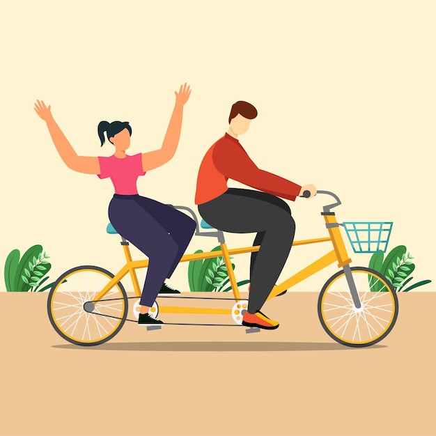 Hombre joven y mujer montando una bicicleta tándem en la calle del parque Día mundial de la bicicleta Ilustración de vector gráfico plano coloreado aislado