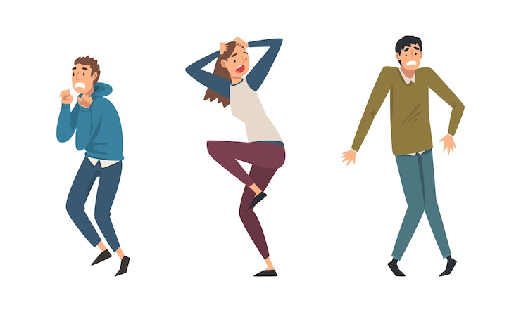Vector hombre joven y mujer personaje asustado de algo sintiéndose asustado y aterrorizado temblando de miedo conjunto de vectores