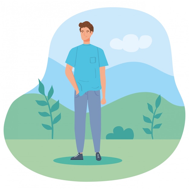 Hombre joven en la naturaleza del paisaje